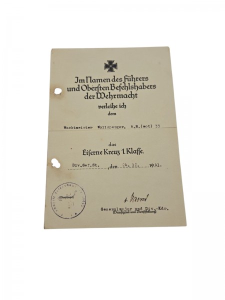 3.Reich Urkunde das Eiserne Kreuz 1.Klasse 1941