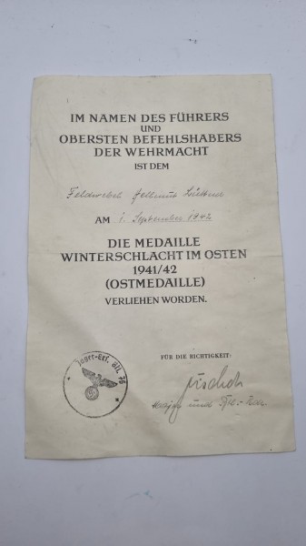 Urkunde Ostmedaille