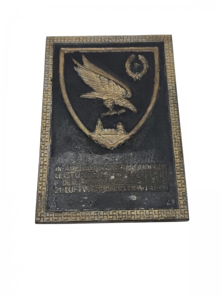 Original Ehrenplaquette der 21. Luftwaffendivision Fallschirmjäger 12 x 17,5cm