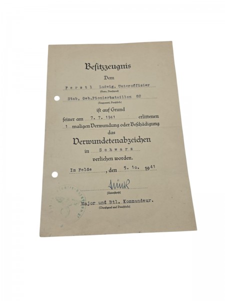 Besitzzeugnis Verwundetenabzeichen in Schwarz Verliehen Worden 1941