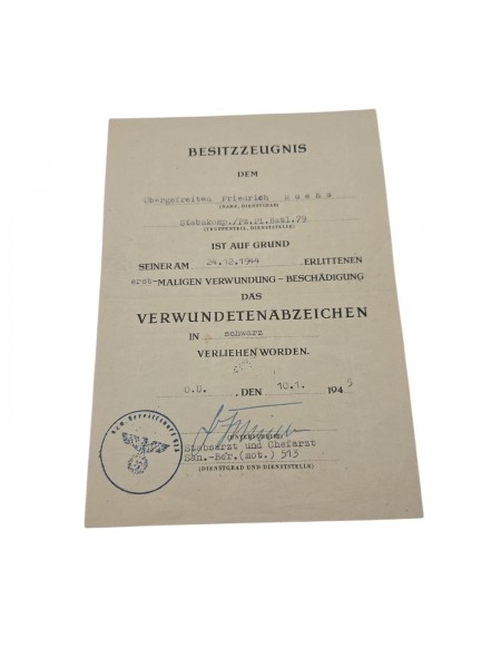 Besitzzeugnis Verwundetenabzeichen in Schwarz 1945