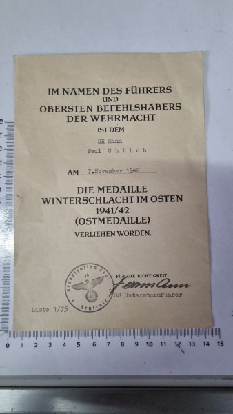 Original Urkunde Winterschlacht Unterschrift SS Untersturmführer