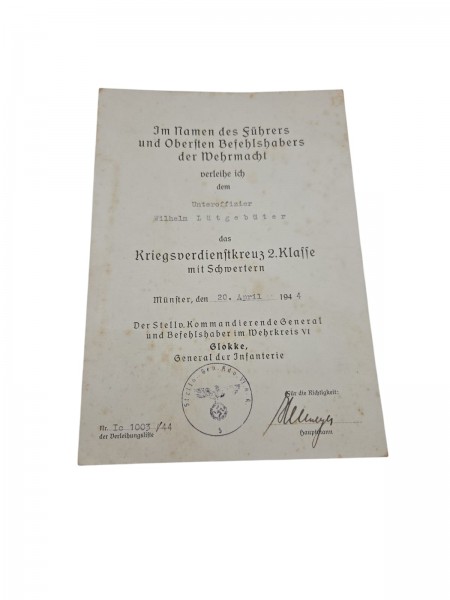 Urkunde das Kriegsverdienstkreuz 2.Klasse mit Schwertern 1944