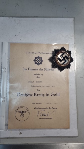 Original Deutsches Kreuz in Gold Codiert 134+ Besitz zeugnis