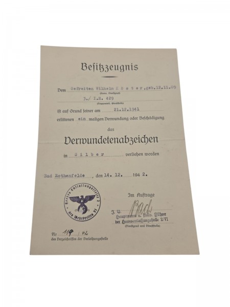 Besitzzeugnis Verwundetenabzeichen in Silber