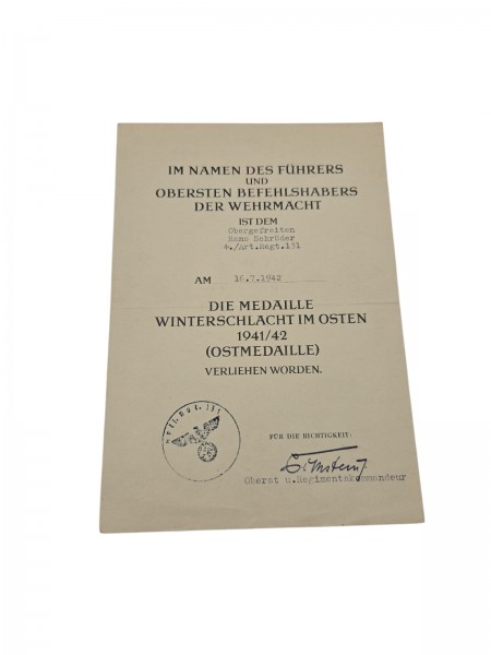 Die Medaille Winterschlacht im Osten 1941/42 Verliehen Worden Urkunde