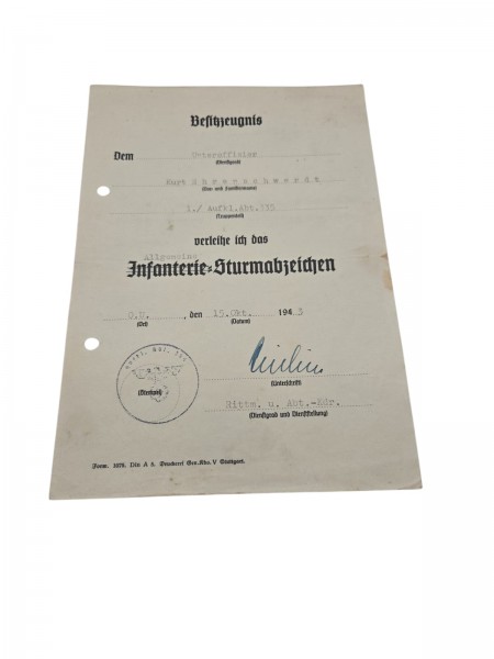 Besitzurkunde dem Unteroffiziers Kurt Ehrenschwerdt 1943