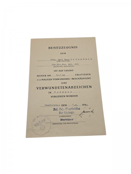 Besitzzeugnis Verwundetenabzeichen in Schwarz Verliehen Worden