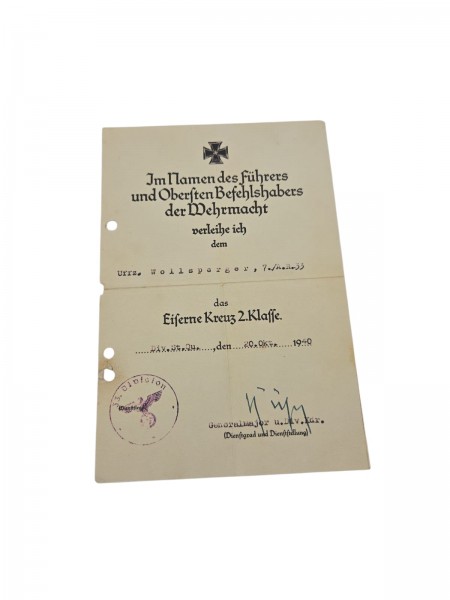 3.Reich Urkunde das Eiserne Kreuz 2.Klasse 1940