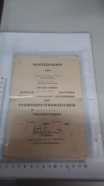 Orginal Verleihungs Urkunden Verwundetenabzeichen / Ostmedalie