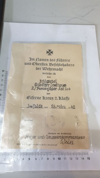 Verleihungsurkunde Panzerjäger Eiserne Kreuz 2.Klasse