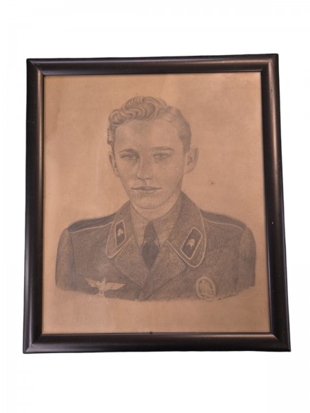 Bleistiftbild eines SS-Panzer / Funkersoldaten ca. 29x33cm