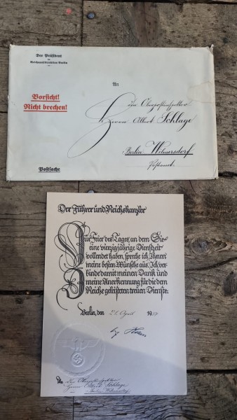 Original Urkunde mit Kuvert 3.Reich mit original Unterschrift des Führers