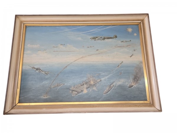 Original Öl auf Holz Gemälde Fliegerangriff 90x66cm