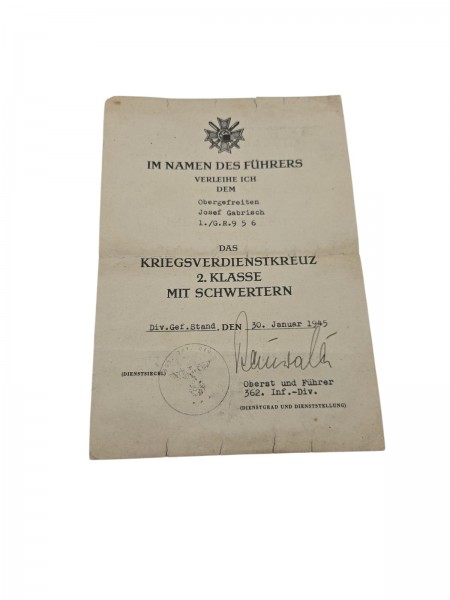 3.Reich Urkunde Das Kriegsverdienstkreuz 2.Klasse mit Schwertern