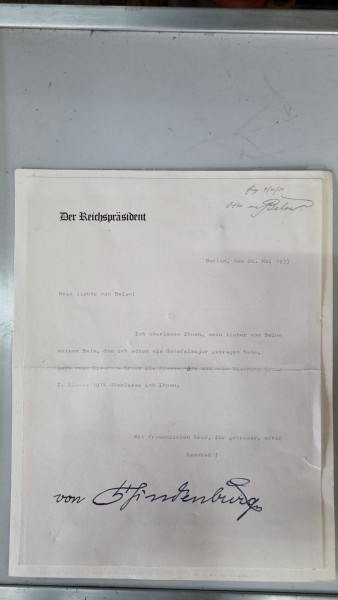 Orginal Brief von Hindenburg am General Belor