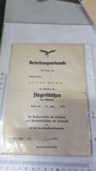 Orginal Urkunde Fliegerschützen Auszeichnung