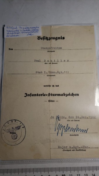 Original Besitzzeugnis Wehrmacht Infanterie Sturmabzeichen und Verwundeten Abz.