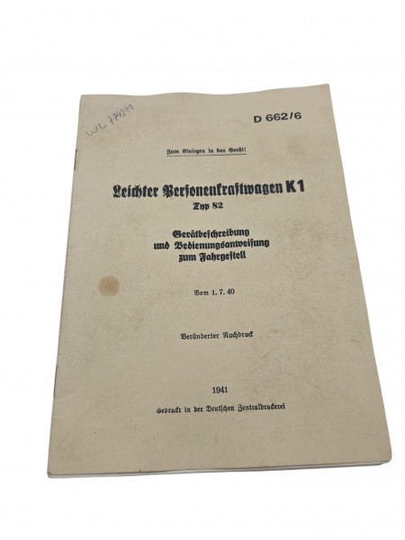 Seltene Betriebsanleitung für Kübelwagen K1 Typ 82 1941